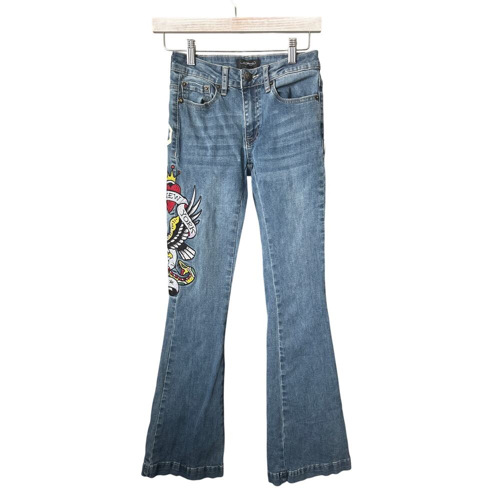 Ed Hardy Y2K Slim Fit Flare Jeans "New York" Dragon Embroidered Size 24